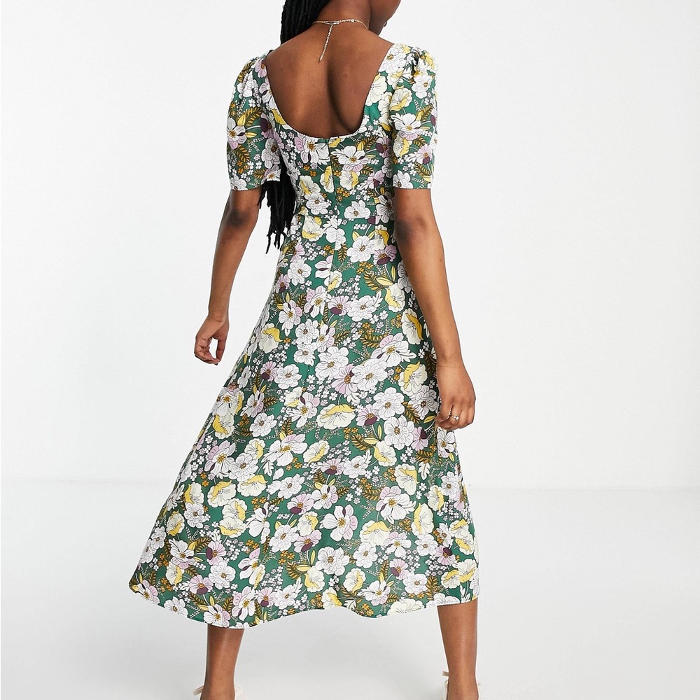 ASOS Midi Dress Size 2 Green Floral Puff Sleeve Spring Summer Bohemian Easter - Picture 2 of 11